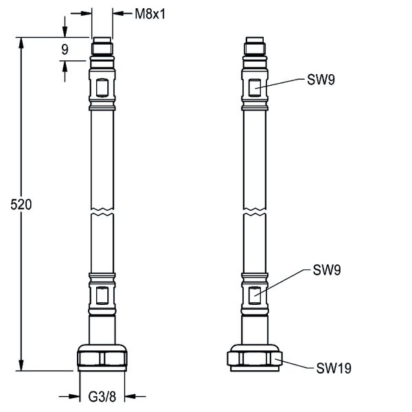 Technische Zeichnung eines Anschlussschlauchs mit einer Länge von 520 Millimeter sowie Anschlüssen in M8x1 und G 3/8 Zoll.