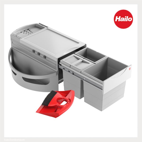 Hailo Logo. Einbau-Abfalltrennsystem mit mehreren Behältern, einer Organisationsablage und einem Handfeger mit Kehrschaufel.