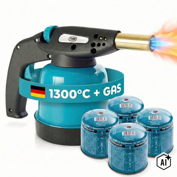 Gasbrenner mit Piezozündung und vier Gaskartuschen für Temperaturen bis 1300 Grad Celsius