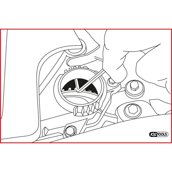 Zeichnung einer Hand, die ein Werkzeug in eine Motorradkomponente einführt, mit dem Logo von KS Tools