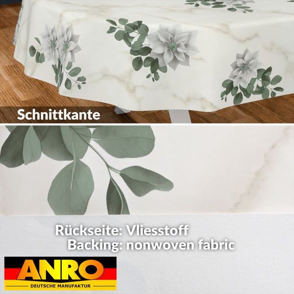 Wachstuch-Tischdecke mit Marmor-Optik, Blumenmuster, Schnittkante und Vlies-Rückseite. ANRO Logo.
