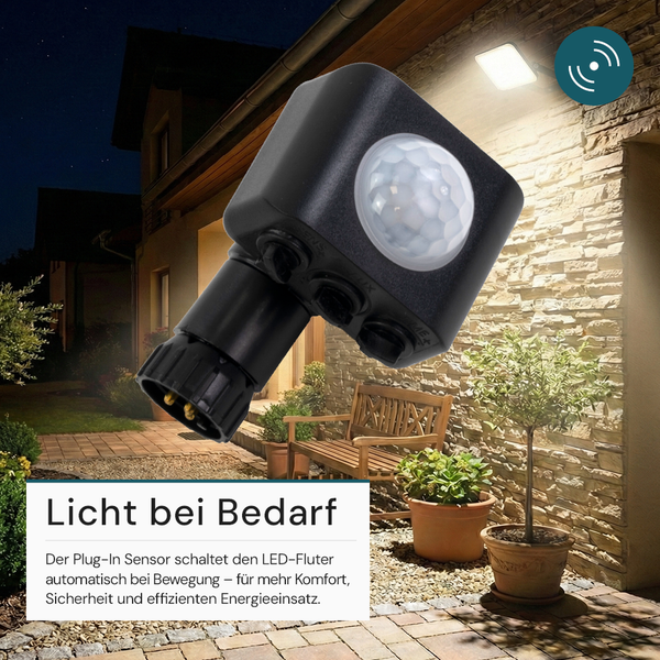Außenaufnahme einer schwarzen LED-Lampe mit Bewegungsmelder vor einer Hauswand