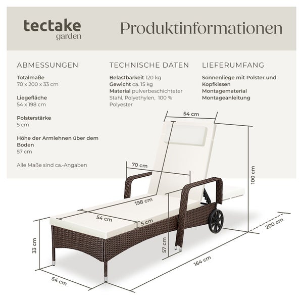 tectake garden Logo. Produktinformationen für eine Polyrattan-Sonnenliege mit Abmessungen, technischen Daten und Lieferumfang.