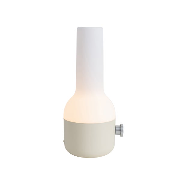 Moderne Tischleuchte mit weißem, länglichem Schirm und hellem, rundem Sockel mit silbernem Drehregler.