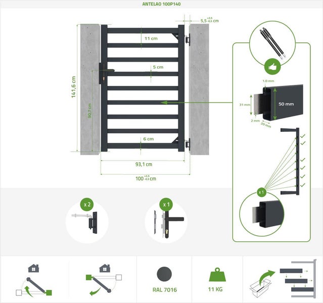 Technische Zeichnung eines Gartentors mit Maßangaben