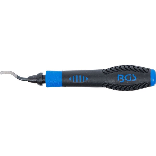 Handentgrater mit ergonomischem Griff und austauschbarer Klinge für Metall und Kunststoff, BGS Logo.