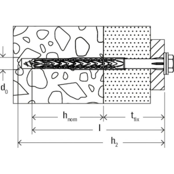 Schemazeichnung eines Befestigungselements in einer Wand mit Maßangaben