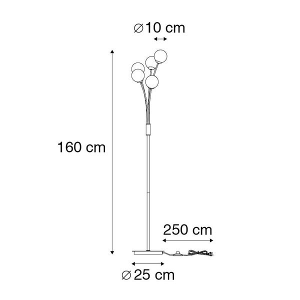 Technische Zeichnung einer Stehlampe mit Kugeldesign, Höhe 160 cm, Kugeldurchmesser 10 cm, Fußdurchmesser 25 cm, Kabellänge 250 cm.