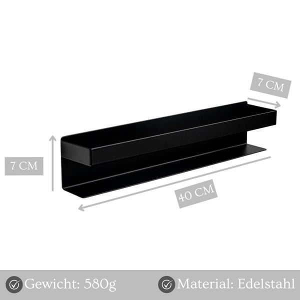 Wandregal aus Edelstahl mit Maßen von 40 mal 7 mal 7 Zentimetern und einem Gewicht von 580 Gramm.
