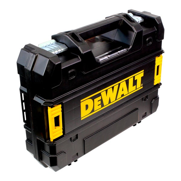 DeWALT Werkzeugkoffer aus Kunststoff mit Tragegriff, Metallverschlüssen und DeWALT Logo.