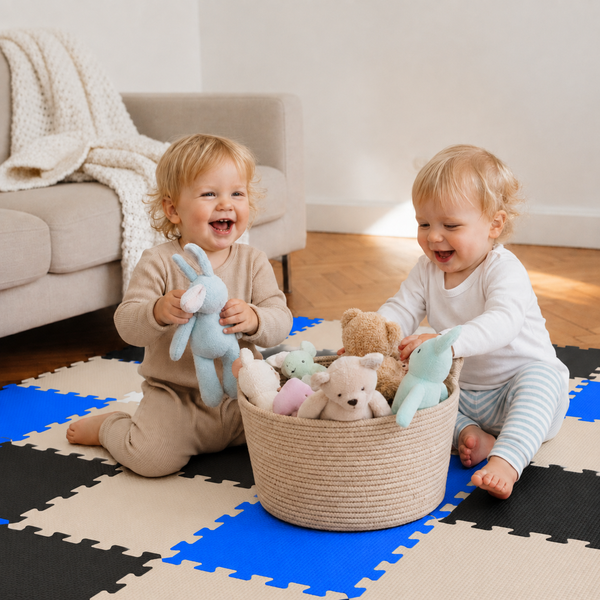 Zwei Kleinkinder spielen auf einer puzzleartigen Bodenmatte aus Schaumstoff mit Kuscheltieren in einem Korb in einem hellen Wohnzimmer.