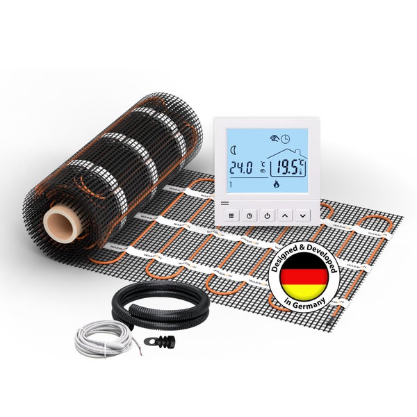 Fußbodenheizungsmatte mit Temperaturregler, Kabelschlauch und Anschlusskabel