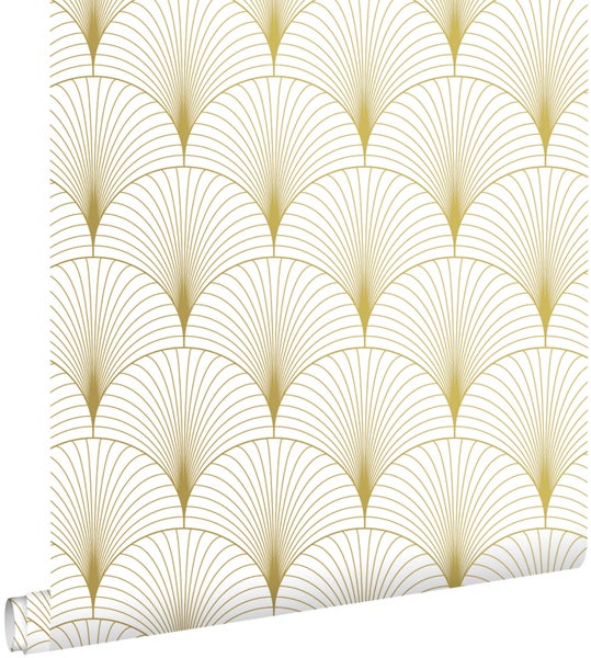 ESTAhome Tapete Art Decó Muster Weiß und Gold - 53 cm x 10.05 m - 139456
