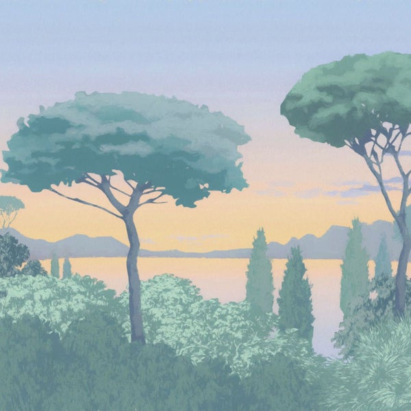 Illustration einer Landschaft mit Bäumen und See