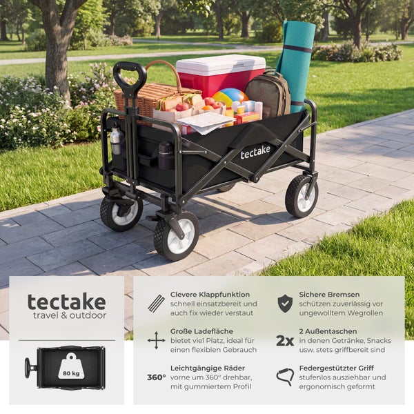 Faltbarer Bollerwagen von Tectake für den Transport von Picknickzubehör im Park mit Funktionsübersicht und Belastbarkeit von 80 Kilogramm.