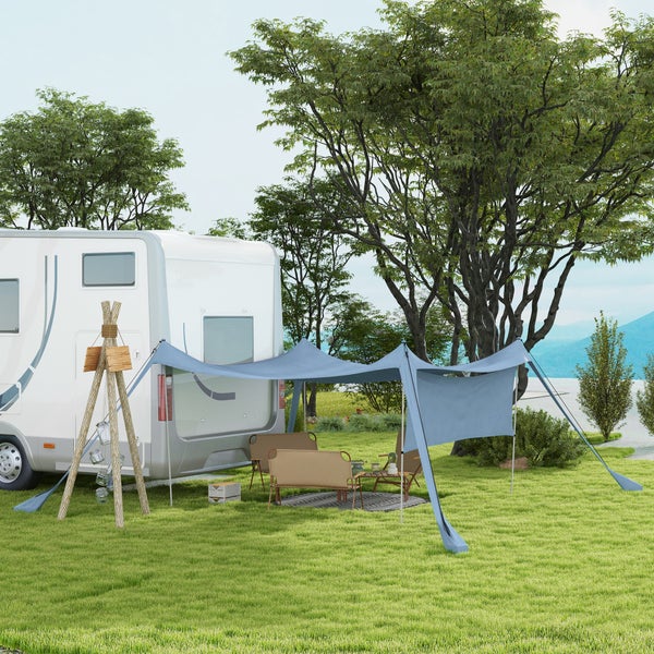 Outsunny Sonnenschutzdach, Sonnensegel Wasserdicht Wetterschutz mit Stahlstangen, Schaufel, Tragetasche, für Camping, Reisen, Picknicks 3 x 3 x 2 m, Blau
