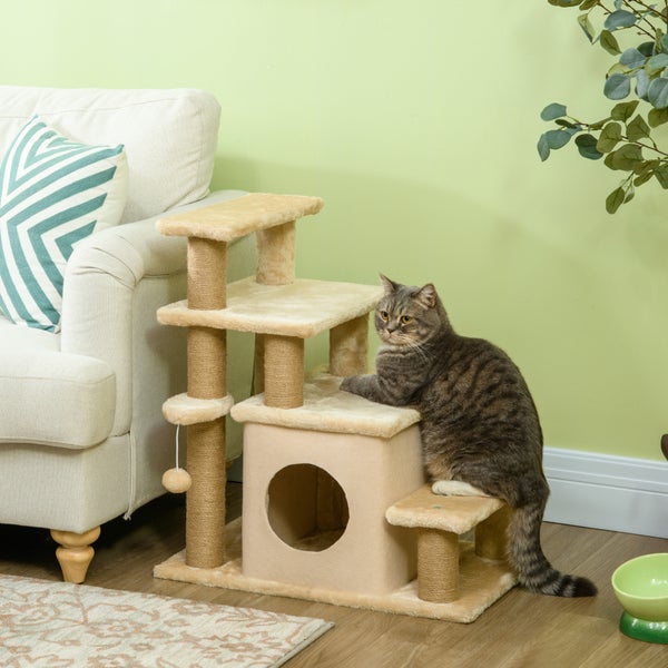 PawHut Haustiertreppe, 3/4-stufige höhenverstellbare Katzentreppe mit Schlafhöhle 2 in 1 praktische Hunderampe für kleine Hunde und Katzen Einstieghilfe für hohe Betten Sofa Beige 60 x 40 x 66 cm