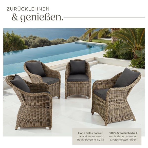 4er Set Rattansessel tectake  71 x 60 x 84 cm mit Aluminiumgestell natur