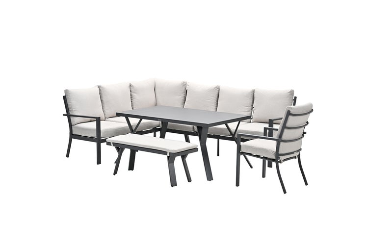 Gartenmöbel-Set bestehend aus Ecksofa, Esstisch, Sitzbank und Sessel aus Metall mit Polsterkissen.