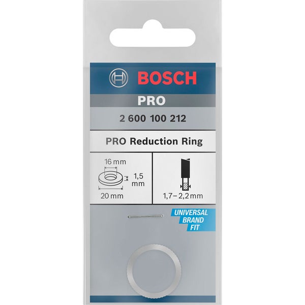 Logo Bosch. Bosch PRO Reduzierring für Kreissägeblätter, 20 Millimeter auf 16 Millimeter, Stärke 1,5 Millimeter. Universell passend.