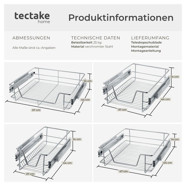 Produktinformationen mit Maßangaben und technischen Daten zu einem Teleskopschubladenset von tectake.