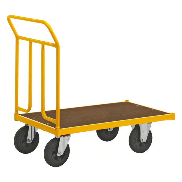 Gelber Plattformwagen mit Griff und vier Rädern