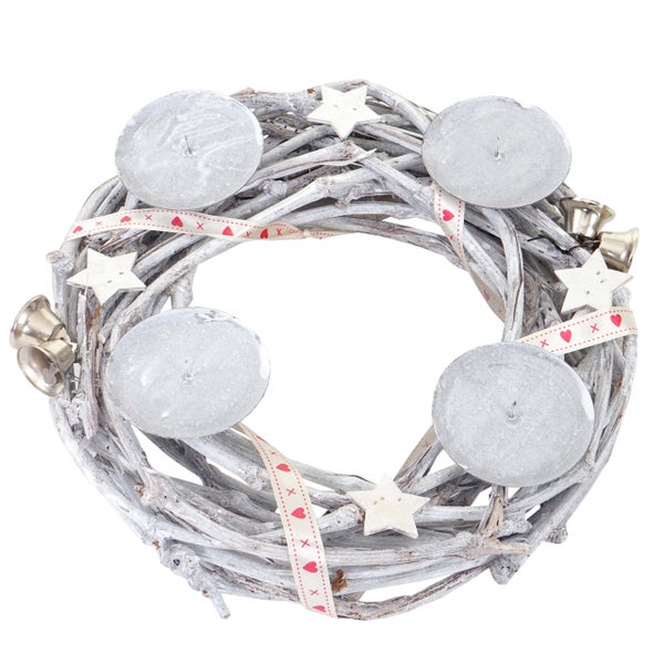 Adventskranz mit Kerzenhaltern, Sternen, Glocken und Schleife