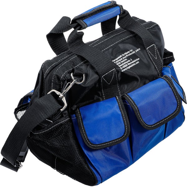 Blaue und schwarze Werkzeugtasche mit Tragegriffen, Schultergurt und mehreren Außentaschen.