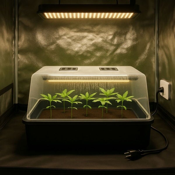 Zimmergewächshaus in einer Growbox mit Anzuchtschale aus Kunststoff, transparenter Haube und Pflanzenlampe über jungen grünen Trieben.