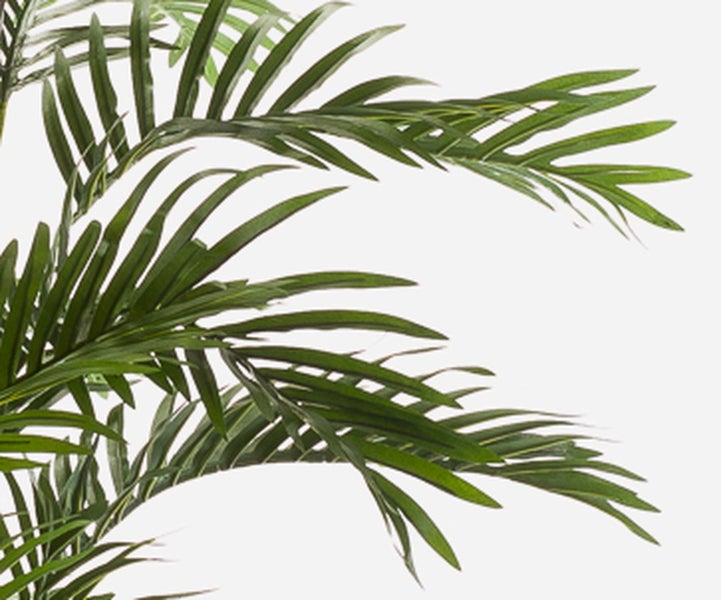 Künstliche Pflanze im schwarzen Kunststofftopf mit grünen Blättern und sichtbaren Stämmen.