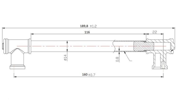 Technische Zeichnung eines Möbelgriffs mit Maßen in Millimetern für die Montage und Planung.