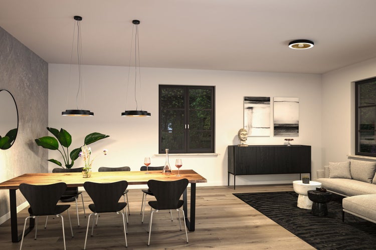 Esszimmer mit Holztisch, Stühlen und Pendelleuchten