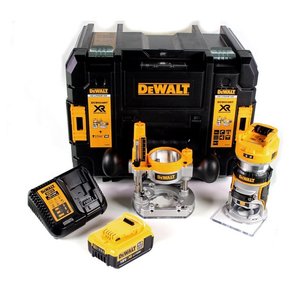 DeWALT Akku-Kanten- und Oberfräse Set mit zwei Fräskörben, 18 Volt Lithium-Ionen Akku, Ladegerät und Transportkoffer mit DeWALT Logo.