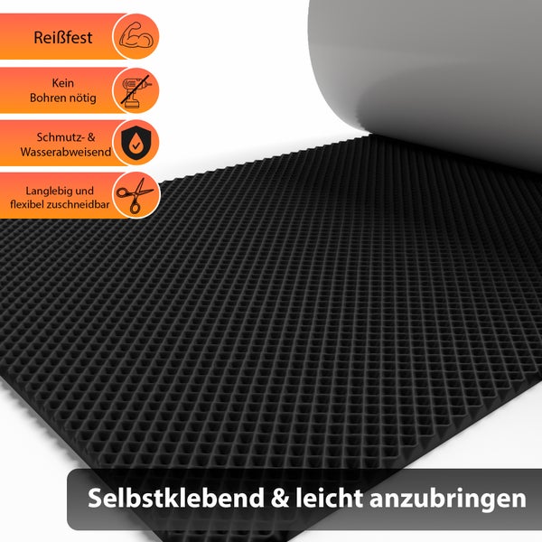 Selbstklebende, reißfeste, schmutz- und wasserabweisende Antirutschmatte, die nicht gebohrt werden muss und flexibel zuschneidbar ist.