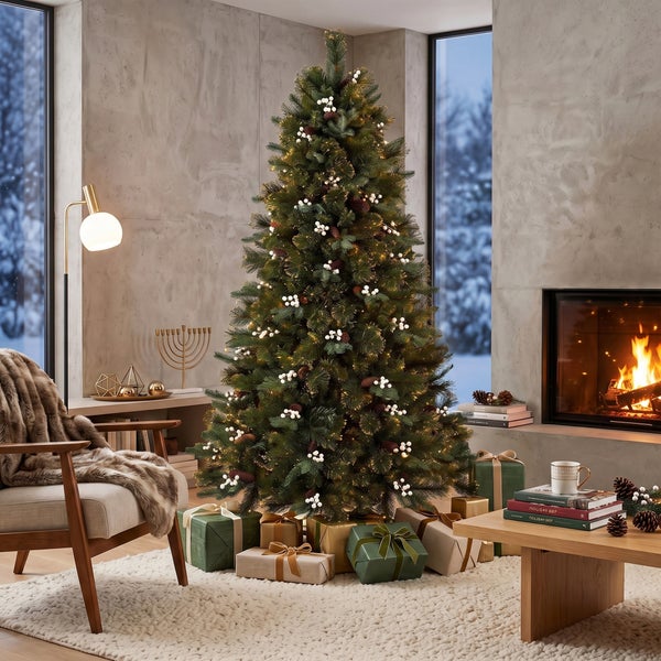 Ein künstlicher Weihnachtsbaum steht im Wohnzimmer vor einem Kamin mit brennendem Feuer, umgeben von Weihnachtsgeschenken und Dekoration.