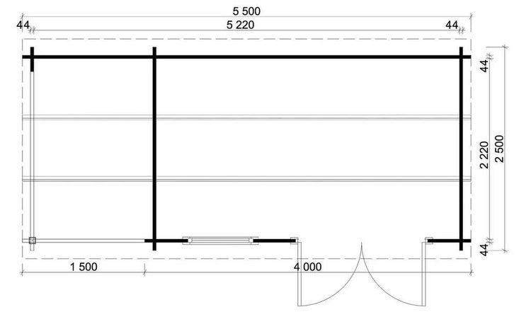 Grundriss eines Gartenhauses mit Maßangaben zu Länge, Breite und Wandstärke.