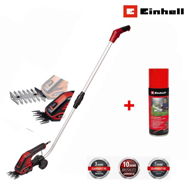 Einhell Akku-Gras- und Strauchschere Set mit Teleskopstiel, Pflegespray, Einhell Logo sowie Siegeln für 3 Jahre und 10 Jahre Garantie.