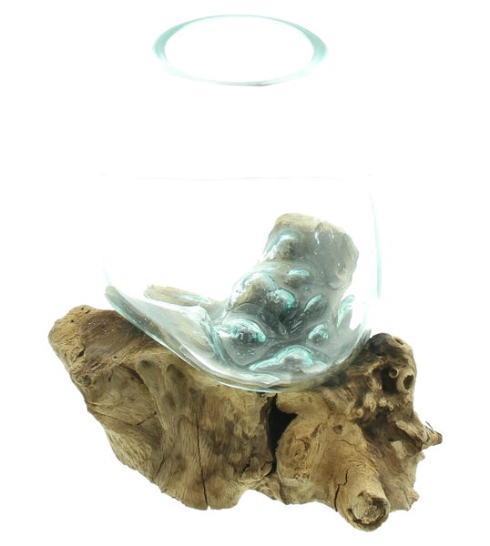FRANK FLECHTWAREN | Wurzelholzvase Aqua, GLAS, HOLZ, ca. 20 x 20 x 23 cm
