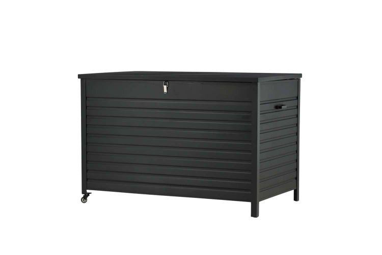Gartenbox aus Metall für Auflagen, Schwarz, mit Schloss, Rollen und Seitengriff.