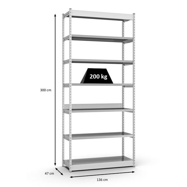 PROREGAL Fachbodenregal Stecksystem Vierkant-Profil Grundregal HxBxT 300 x 132,5 x 40 cm 7 Ebenen Einseitige Bauart Fachlast 200 kg Lichtgrau