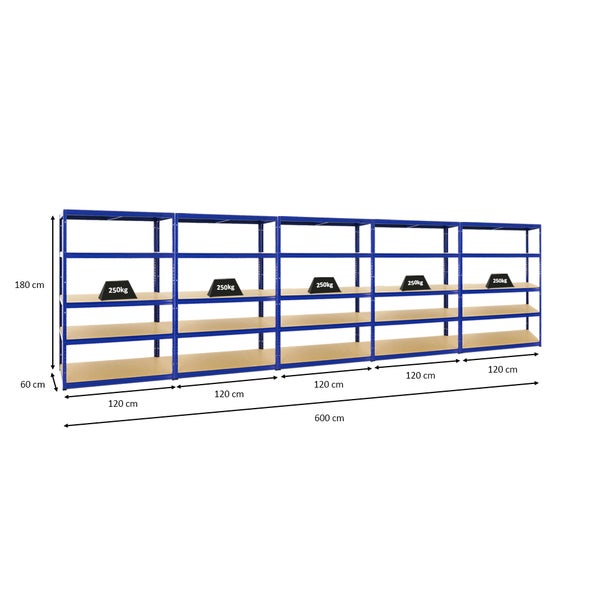 PROREGAL Mega Deal 5x Schwerlastregal Big Elephant M HxBxT 180 x 120 x 60 cm Fachlast 250 kg Blau