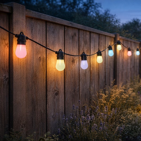 Bunte LED-Lichterkette an einem Holzzaun im Garten bei Dämmerung mit Pflanzen im Vordergrund.