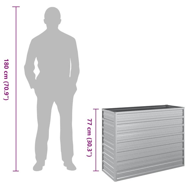 Hochbeet aus Stahl mit einer Höhe von 77 Zentimetern im Größenvergleich zu einer 180 Zentimeter großen Person.