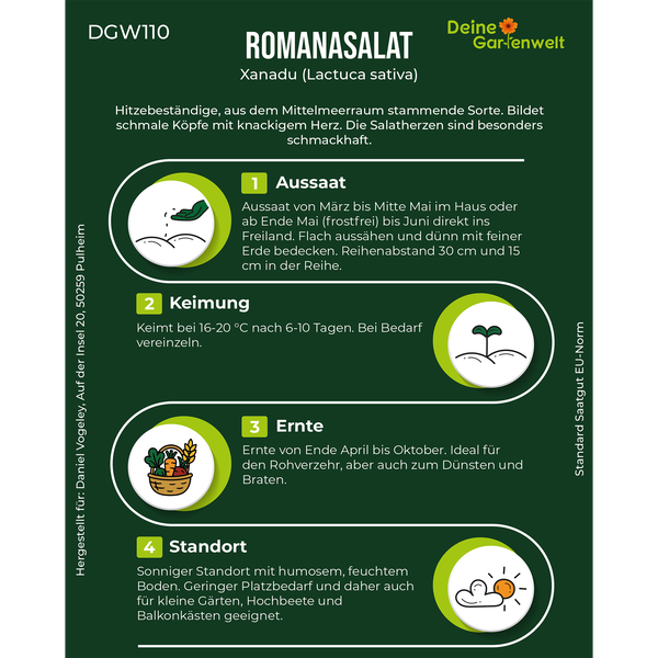 Infografik zum Anbau von Romanasalat Xanadu mit Informationen zu Aussaat, Keimung, Ernte und Standort. Deine Gartenwelt Logo.