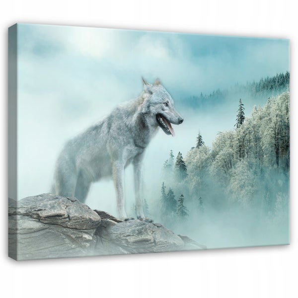 Leinwandbild mit Motiv eines Wolfes auf einem Felsen vor einem nebligen Nadelwald.