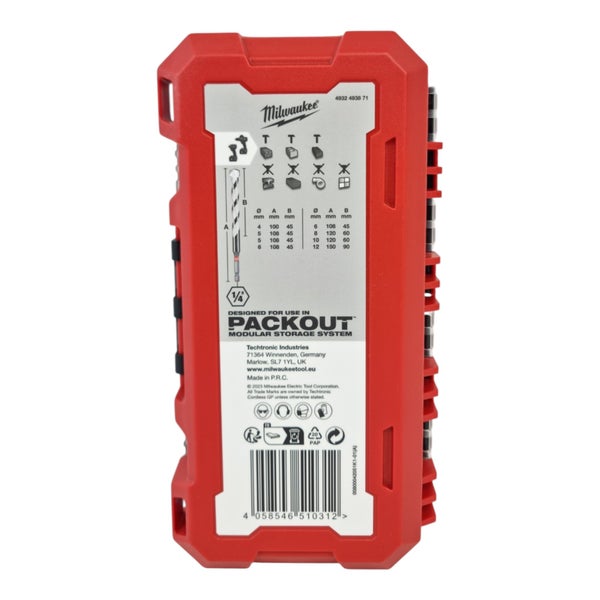 Milwaukee Logo, Milwaukee Packout modulares Aufbewahrungssystem für Bohrer mit technischen Daten, Barcode und Sicherheitssymbolen.