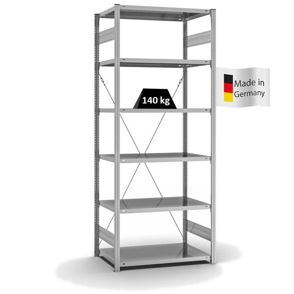 PROREGAL Fachbodenregal Stecksystem T-Profil Light-Duty Grundregal HxBxT 250 x 100 x 60 cm 6 Ebenen Fachlast 140 kg Einseitig Nutzbar Verzinkt