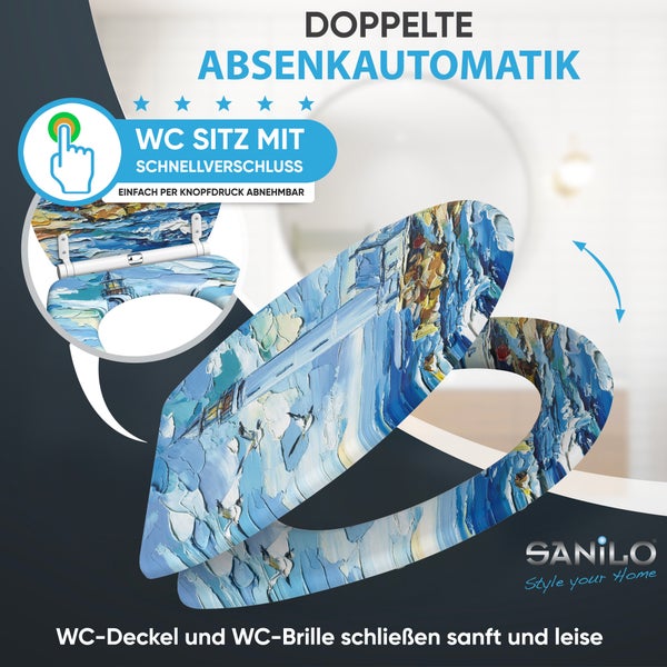 Sanilo WC Sitz mit Absenkautomatik und Schnellverschluss, Design Motiv Leuchtturm, abnehmbarer Toilettendeckel für einfache Reinigung.