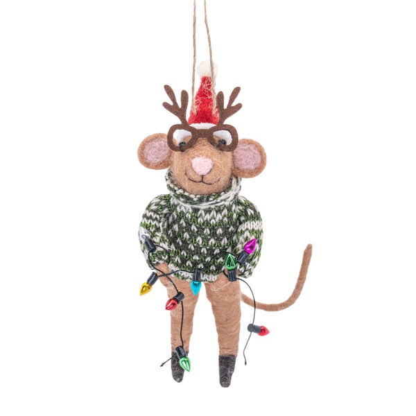 Weihnachtsanhänger Maus mit Geweih, Brille, Mütze und Lichterkette