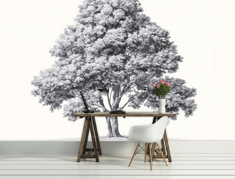 Szene mit einer Baum Tapete, einem Schreibtisch und einem Stuhl.